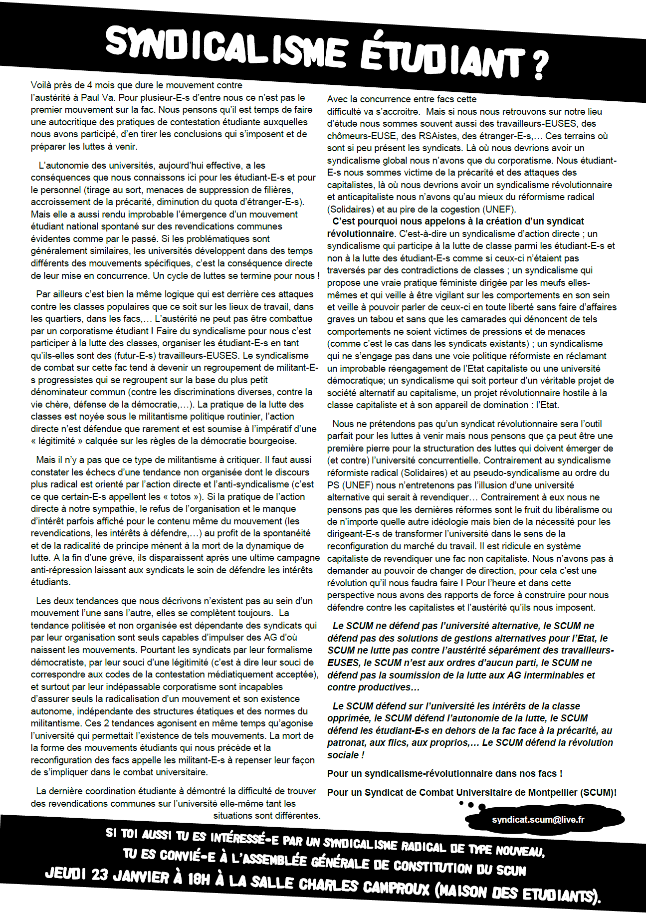 Texte d'appel à la création du SCUM