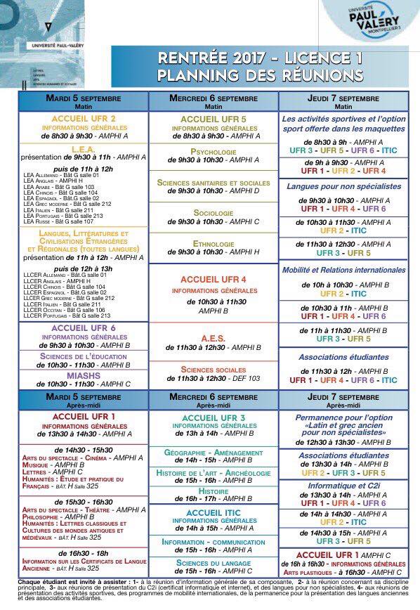 Le planning des réunions de rentrée pour les L1